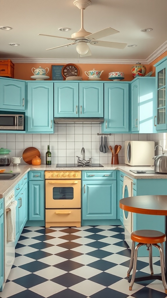 A vibrant blue vintage kitchen with retro design elements, including a yellow oven and checkerboard floor.