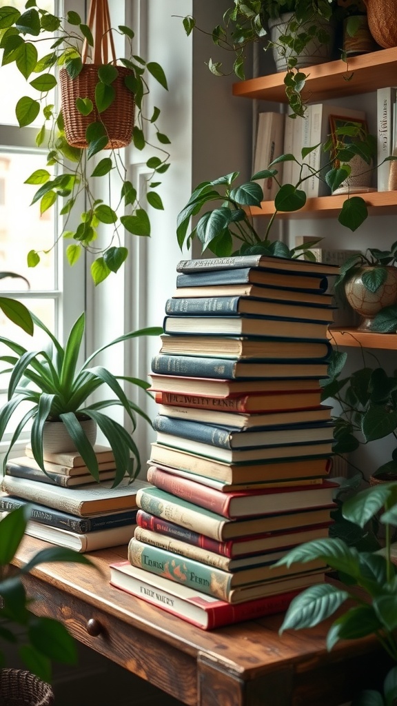 A stack of vintage books on a wooden table surrounded by green plants.
