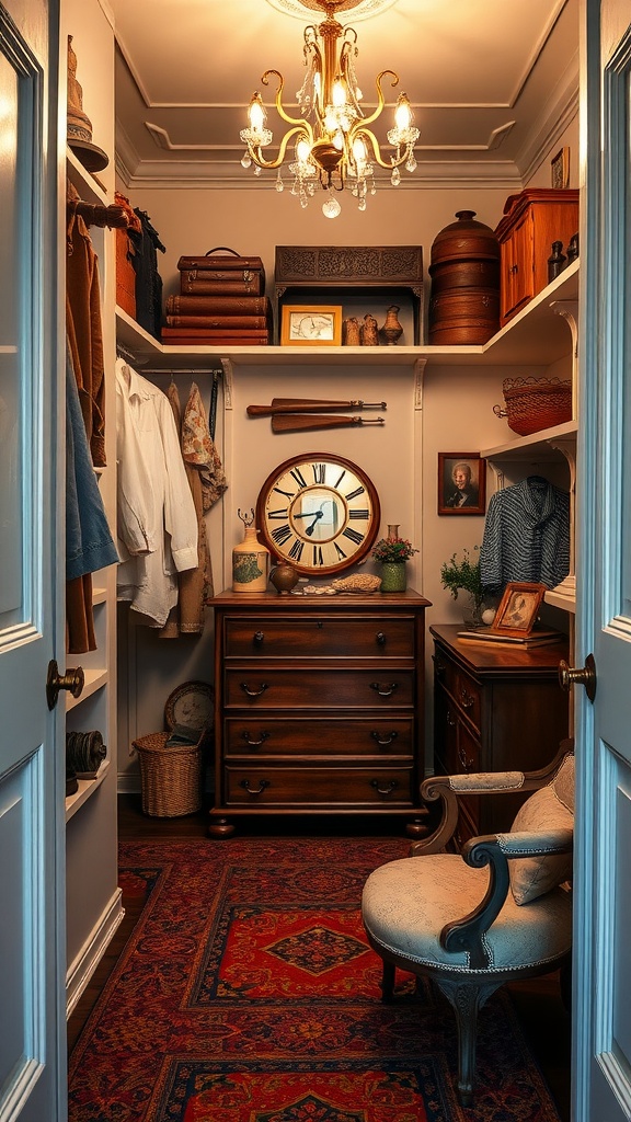 A cozy walk-in closet featuring vintage elements such as a chandelier, wooden furniture, and decorative items.