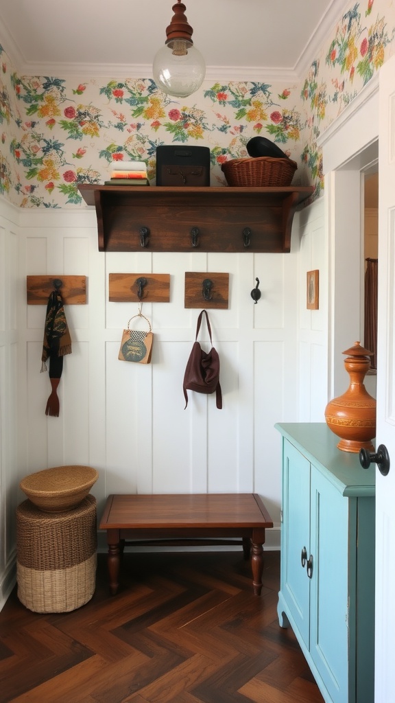 A vintage-style mudroom featuring floral wallpaper, wooden shelf, hooks, a bench, and a blue cabinet.