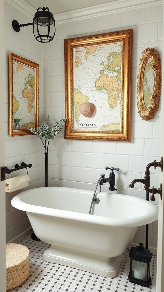 A vintage coastal bathroom featuring framed maps, a freestanding tub, and warm decor elements.