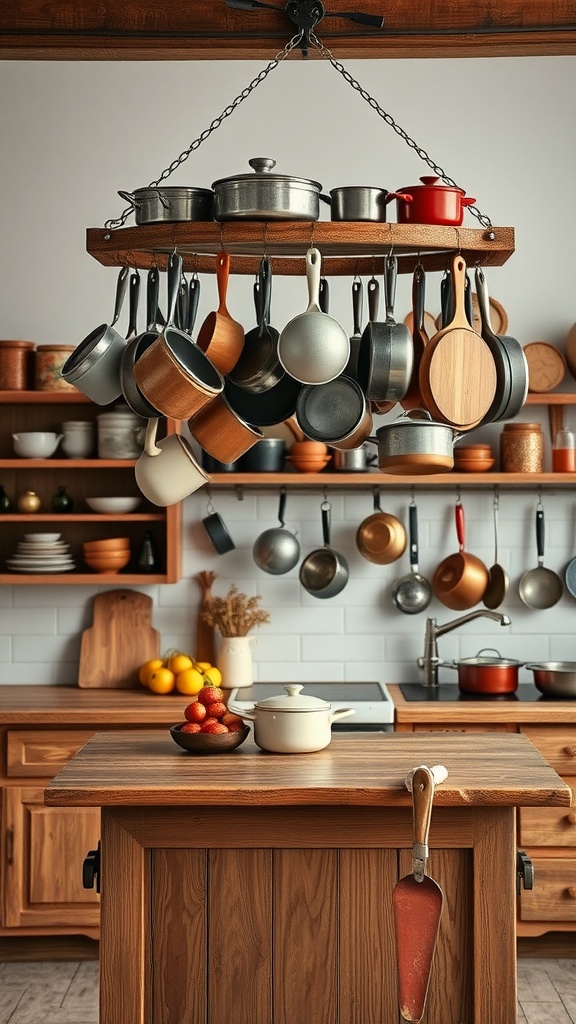 A rustic kitchen displaying various vintage cookware hanging from a wooden rack, with a wooden kitchen island featuring fresh strawberries and a small pot.