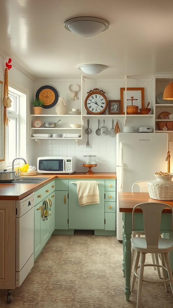 A cozy kitchen with mint green cabinets, wooden countertops, and vintage decor.