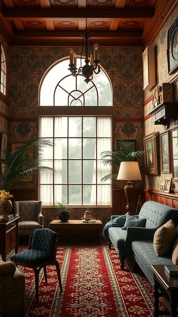 A vintage Art Deco interior showcasing an arched window, chandelier, and ornate furnishings.