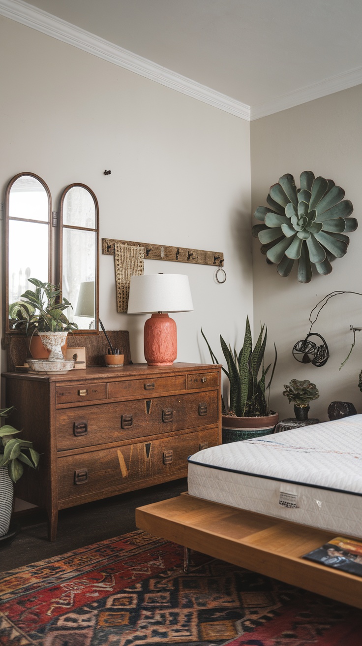 A cozy bedroom featuring an eclectic mix of vintage decor elements including a plaid bedspread, framed artwork, and a patterned rug.