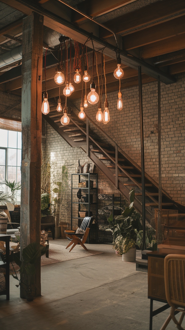 A collection of vintage Edison bulbs hanging in a cozy room.