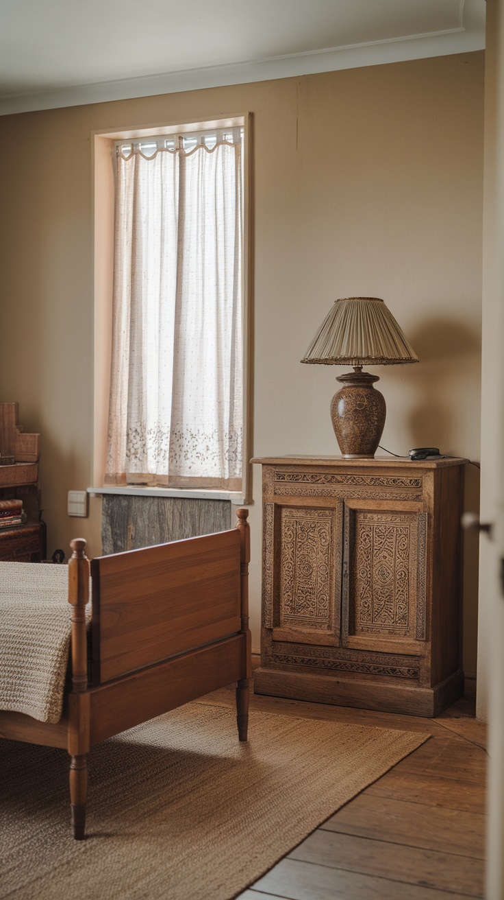 A cozy vintage-style small bedroom with a floral bedspread, green nightstand, and vintage decor.