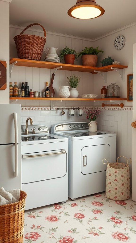 A vintage farmhouse laundry nook featuring white appliances, open shelves with plants and kitchenware, and floral-patterned flooring.
