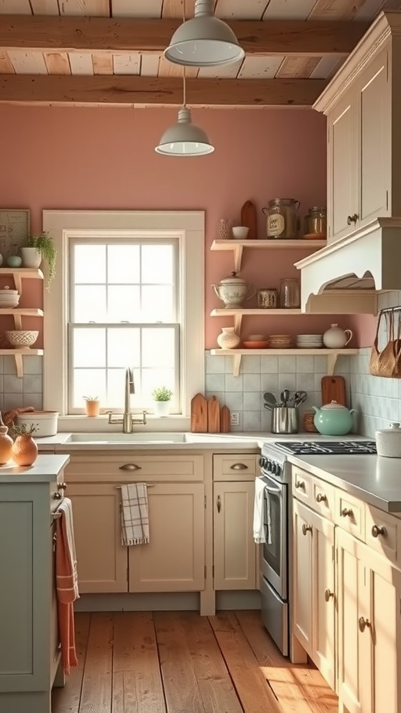 A cozy vintage farmhouse kitchen featuring pastel colors, open shelving, and rustic wooden floors.