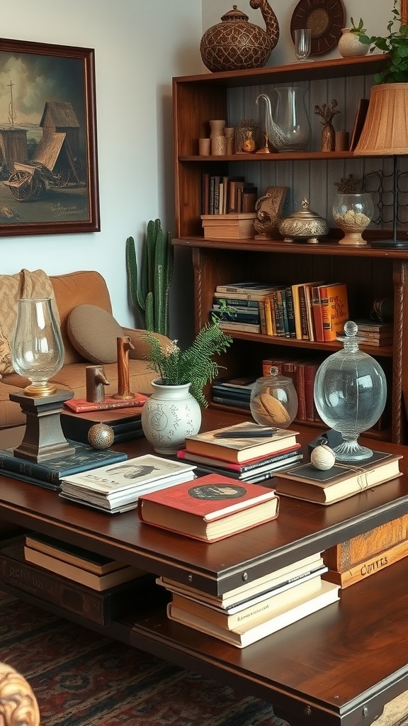 A vintage styled coffee table featuring books, decorative objects, and a plant, creating a cozy atmosphere.