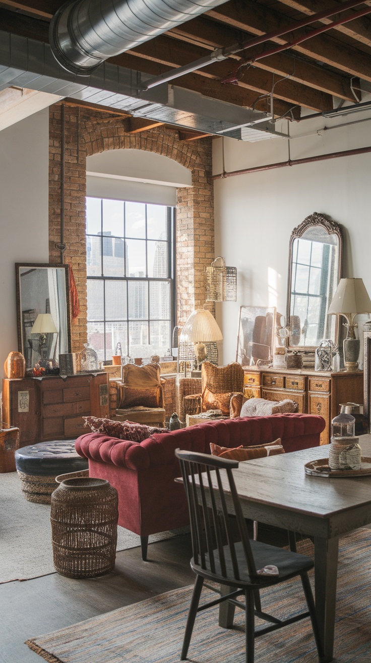 A cozy urban loft decorated with vintage items, including art on the walls, comfortable sofas, and a mix of plants and books.