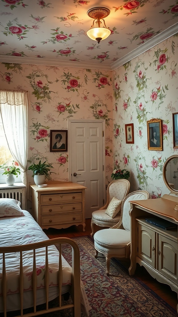 A vintage bedroom with floral wallpaper, wooden furniture, and warm lighting.