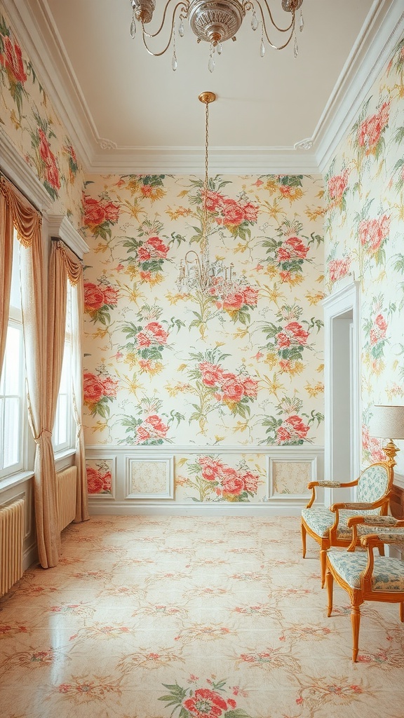 A room featuring vintage floral wallpaper with bright roses and elegant decor