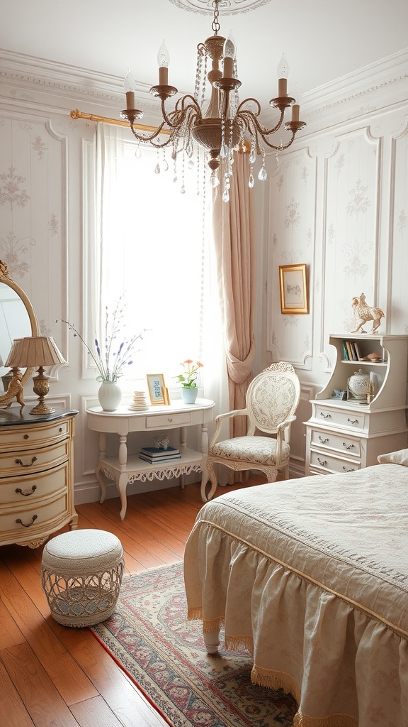 A vintage glam bedroom featuring elegant furniture, a chandelier, and soft colors.