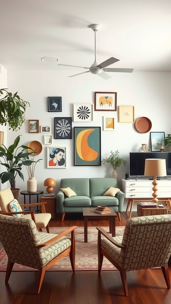 Cozy living room with mint green sofa, patterned armchairs, and a gallery wall of art pieces.