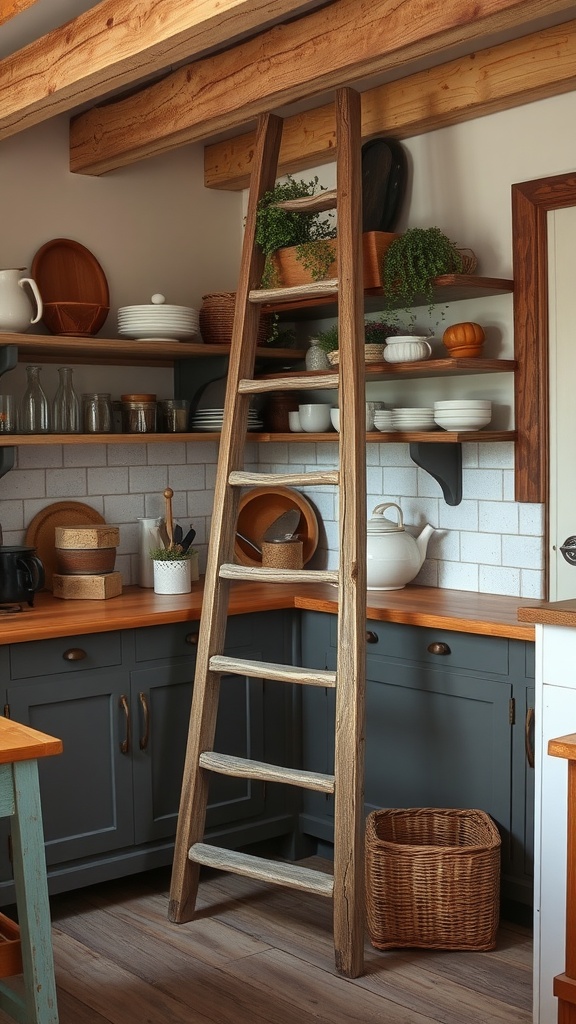 A vintage wooden ladder used for displaying kitchenware and plants in a rustic kitchen
