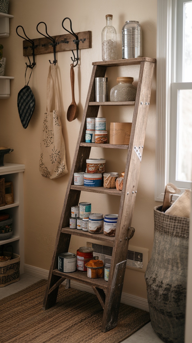 A vintage ladder repurposed as a storage shelf displaying jars and containers in a pantry.