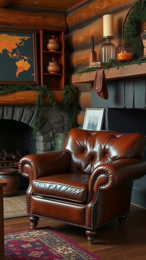 A vintage leather club chair with a tufted design in a rustic room setting.