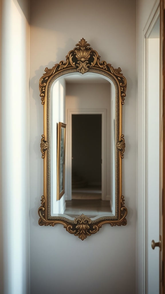 A vintage mirror with an ornate frame hanging in a hallway