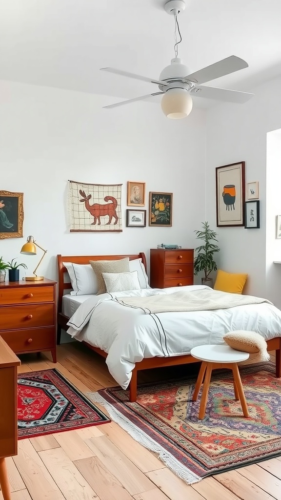 A cozy Scandinavian bedroom with wooden furniture, colorful rugs, and vintage wall art.