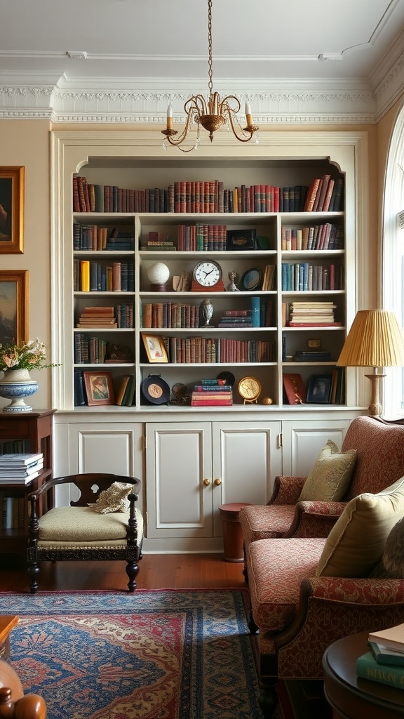 A vintage style built-in bookcase filled with books and decorative items, with a cozy seating arrangement nearby.