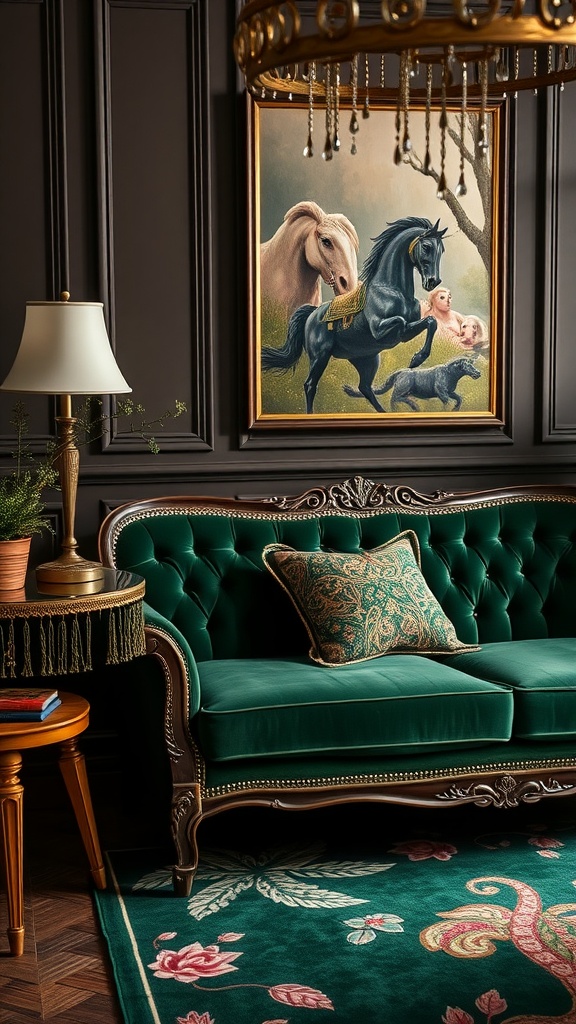Vintage velvet sofa with a rich green color and tufted design, adorned with decorative pillows and surrounded by elegant decor.