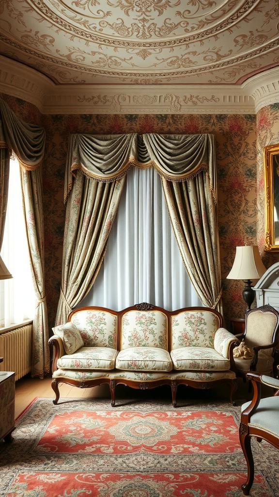 A Victorian living room featuring floral wallpaper, elegant curtains, and classic furniture.