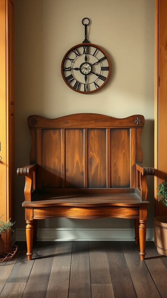 A vintage wooden bench with armrests placed against a wall, featuring warm wood tones and a classic design.