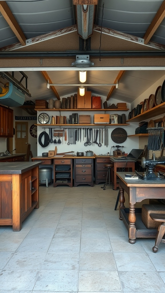 A vintage workshop with wooden furniture, tools on shelves, and a warm atmosphere.