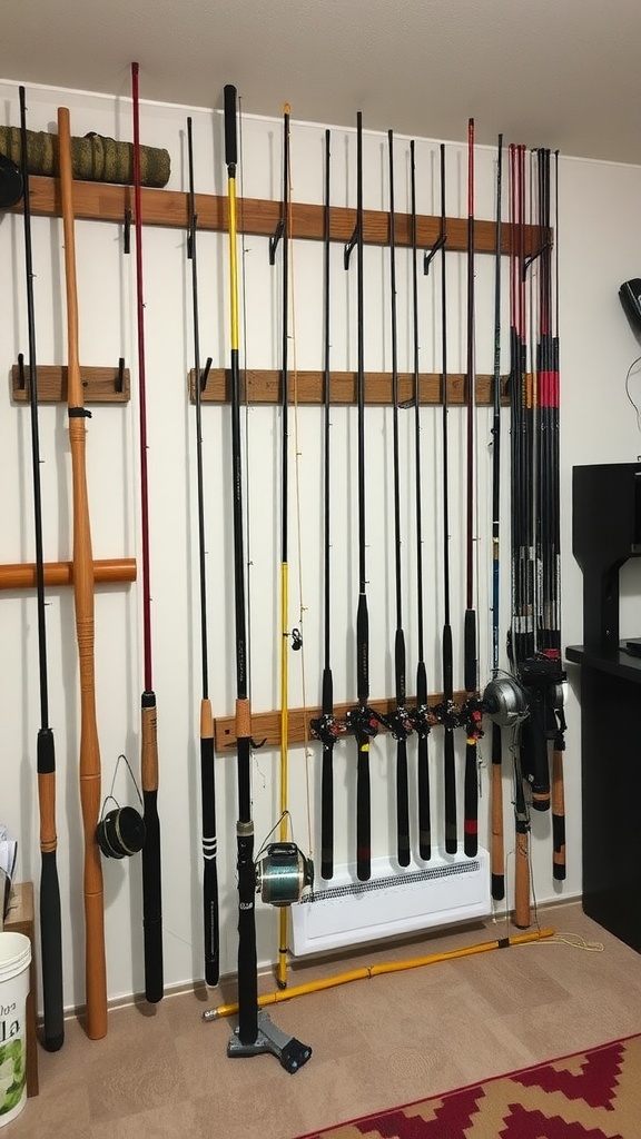 Wall-mounted display of fishing rods in a man cave.