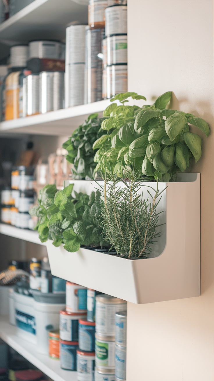 Wall-mounted herb planters in a pantry, featuring small pots with various herbs.