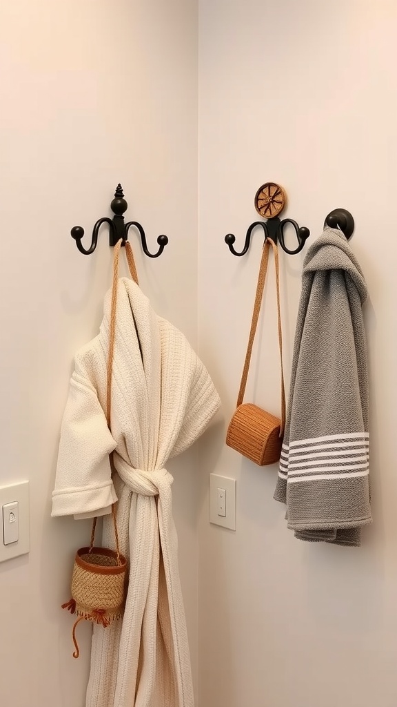 Wall-mounted hooks holding a white robe and gray towel in a bathroom setting.