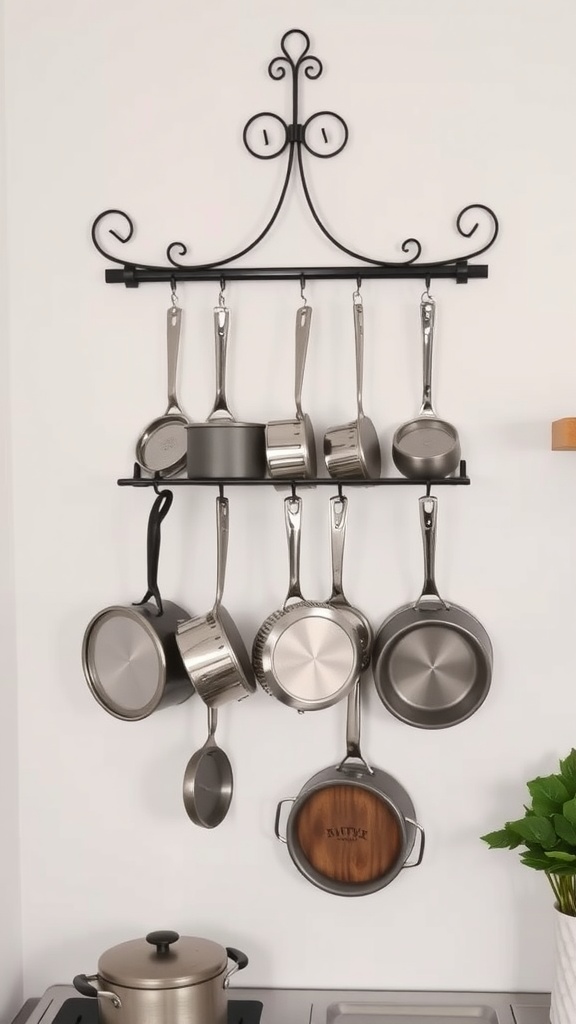 Wall-mounted pot rack holding various stainless steel pots and pans