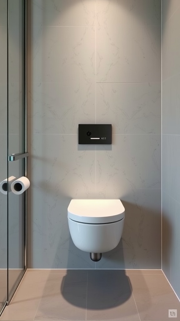 A contemporary wall-mounted toilet with a sleek design, showcased in a minimalistic bathroom setting.