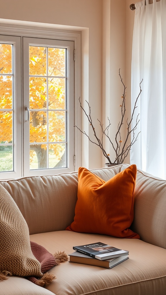 A cozy living room with a beige couch featuring a warm orange throw pillow, a stack of books, and a view of vibrant autumn leaves through a window.
