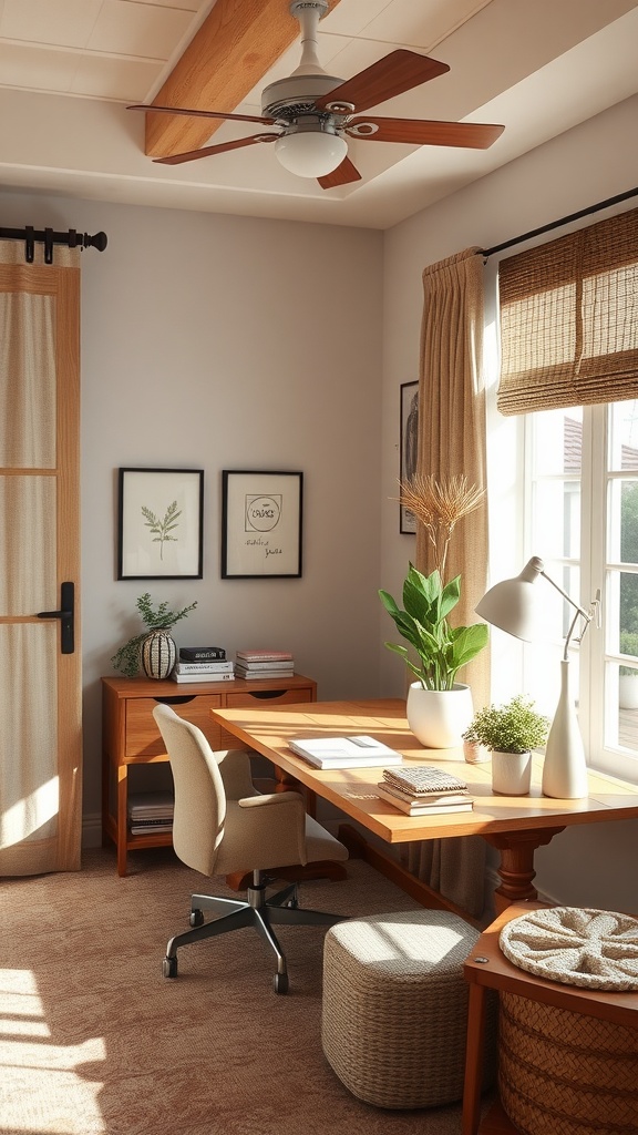 A cozy workspace featuring warm earthy tones, wooden furniture, and plants.