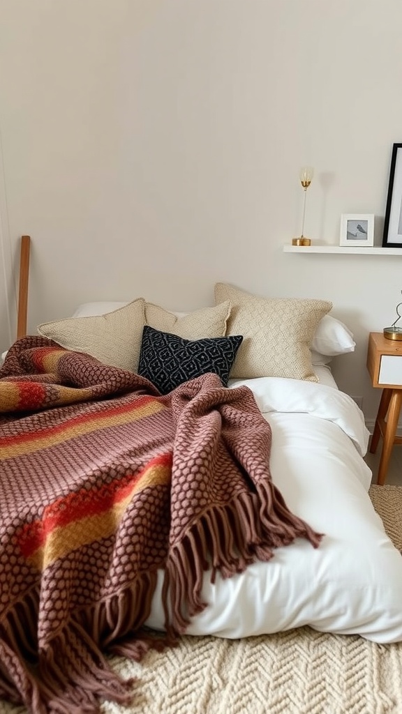 Cozy small bedroom featuring a bed with a knitted blanket and plush pillows.