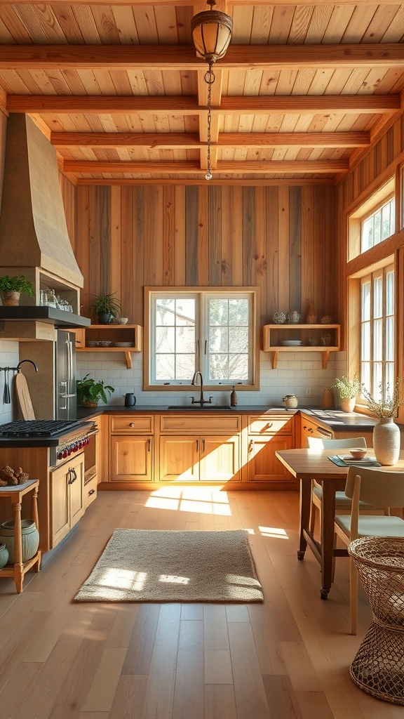 Warm wood-toned kitchen with wooden cabinets and a cozy nook with a small table and chairs.