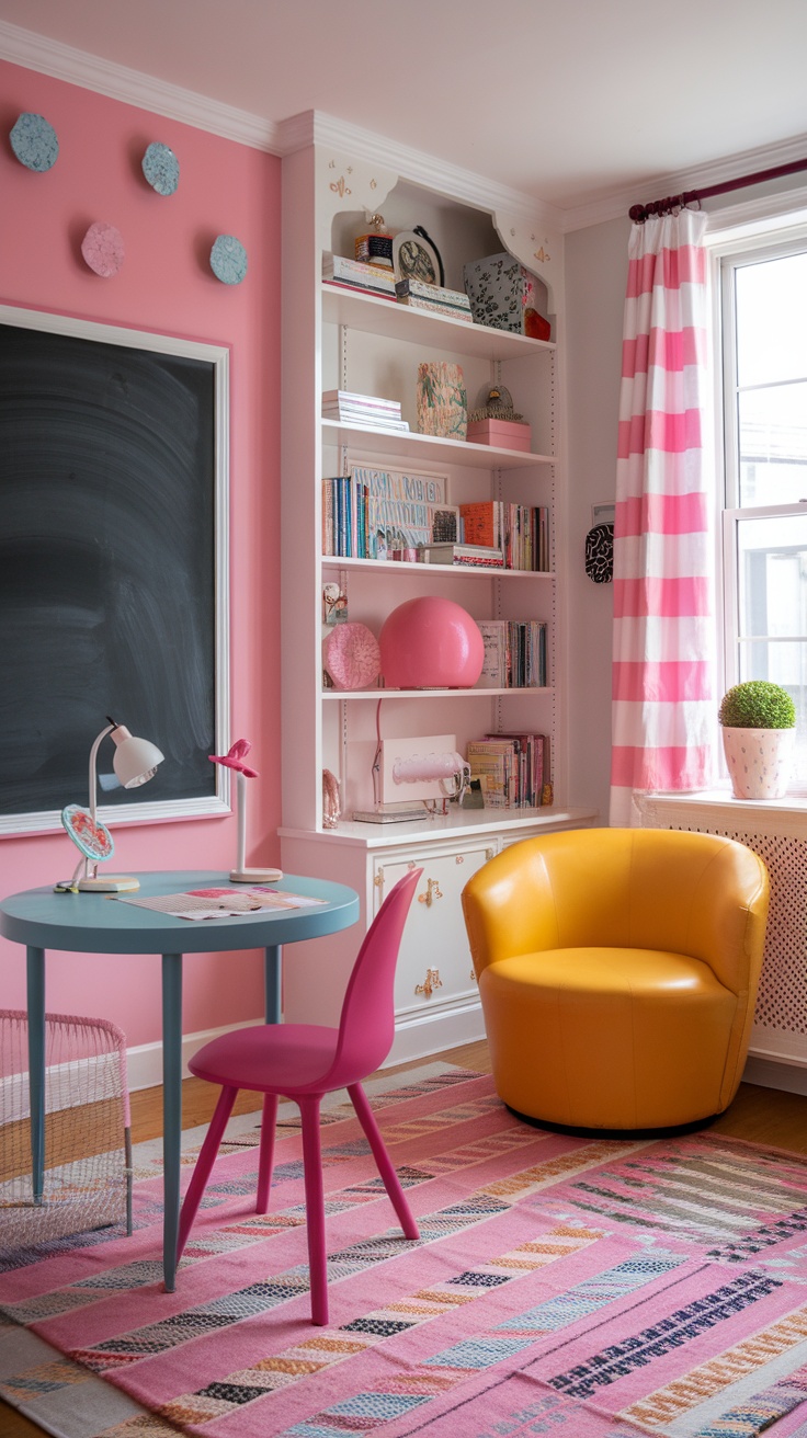 A colorful home office with pink furniture, honeycomb lanterns, and vibrant wall art.