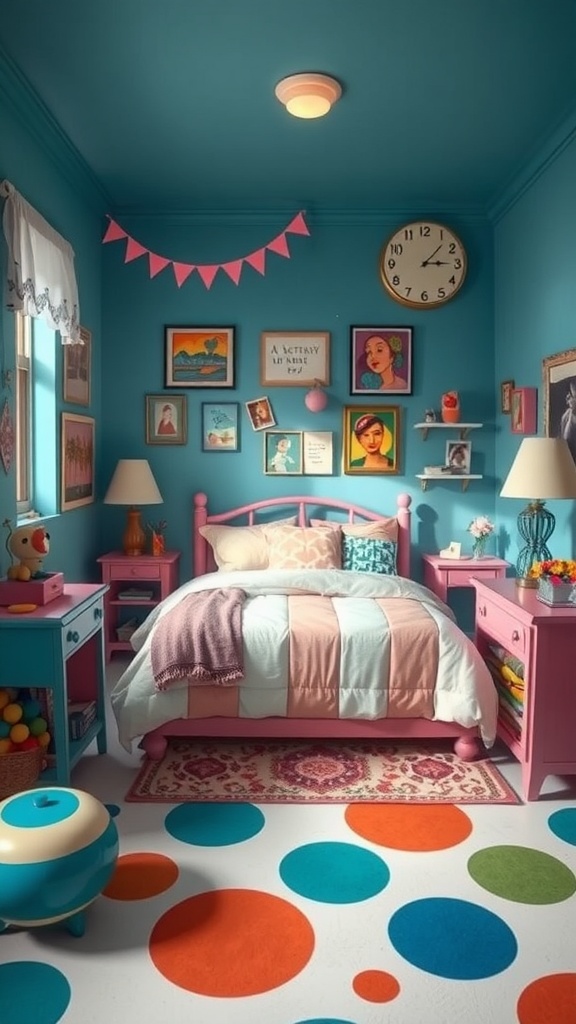 A whimsical bedroom featuring colorful walls, playful decor, and a cozy bed.