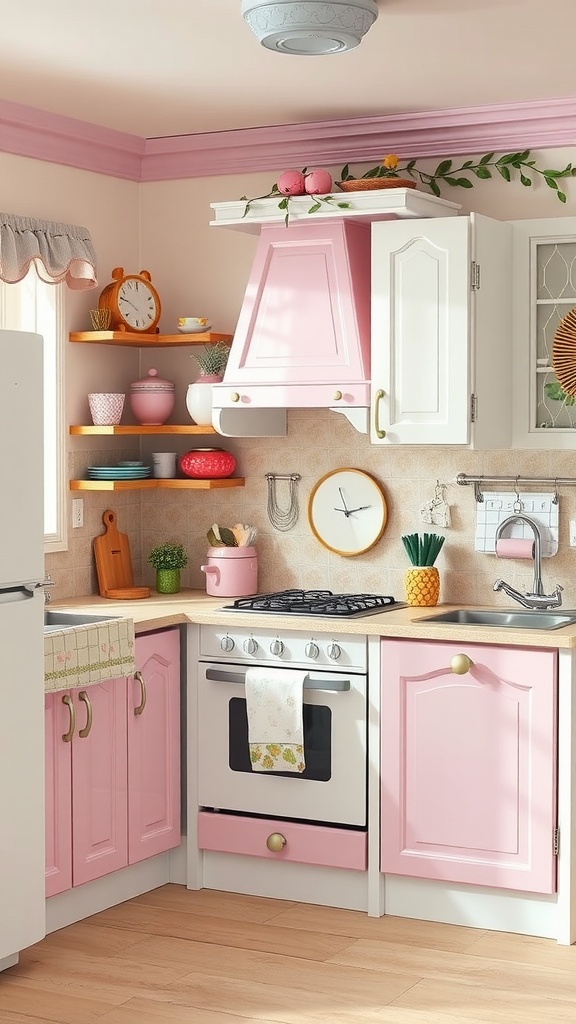 A whimsical fairy tale themed kitchen with pink cabinets and cheerful decor.