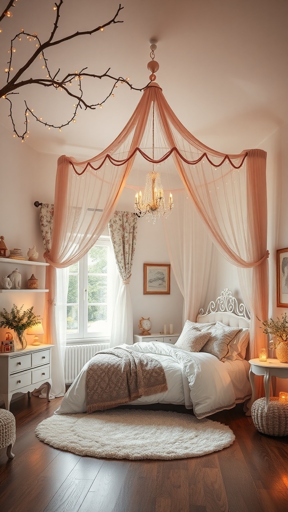 A whimsical fairy tale themed bedroom with soft colors, a chandelier, and fairy lights.