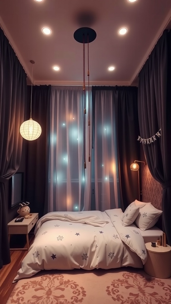 Cozy bedroom featuring soft star-patterned bedding, warm lights, and playful decor.