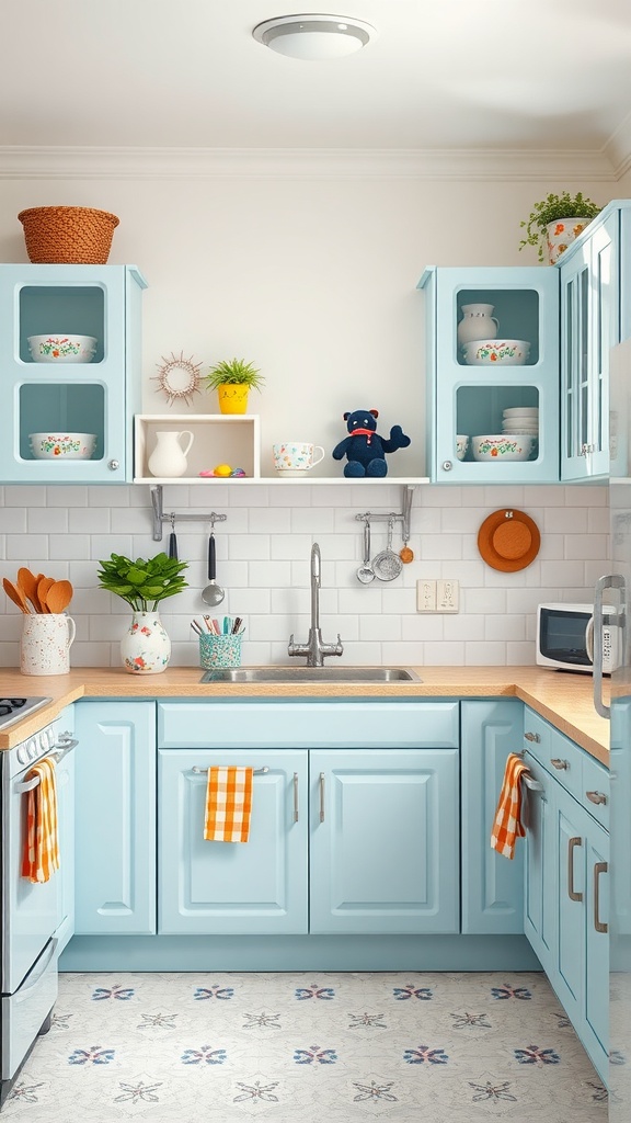 A whimsical light blue kitchen with open shelves displaying colorful dishware, a teddy bear, and plants.