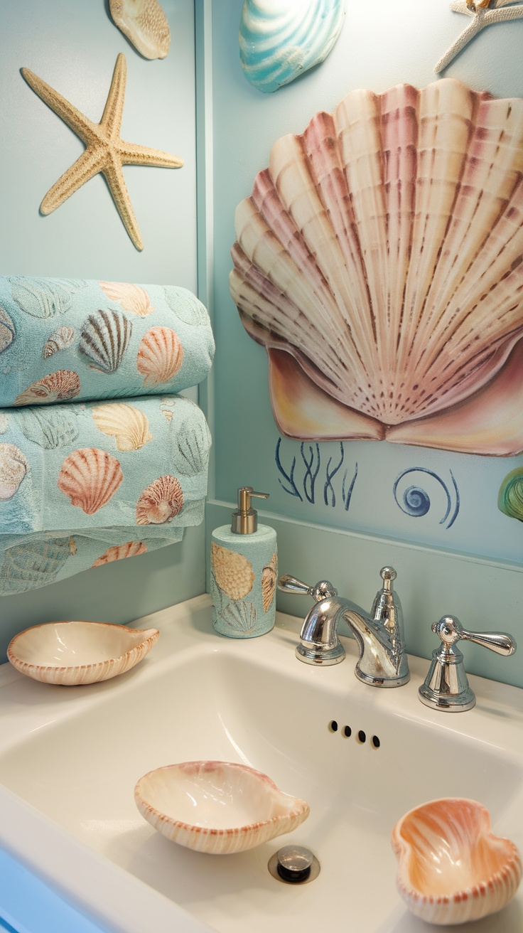 A cozy bathroom with blue walls, a humorous sign, and seashell accents.