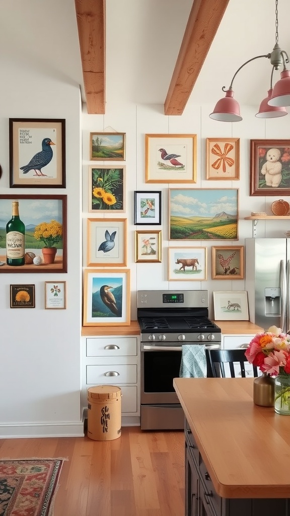 A colorful farmhouse kitchen with a gallery wall of whimsical framed art above the stove.