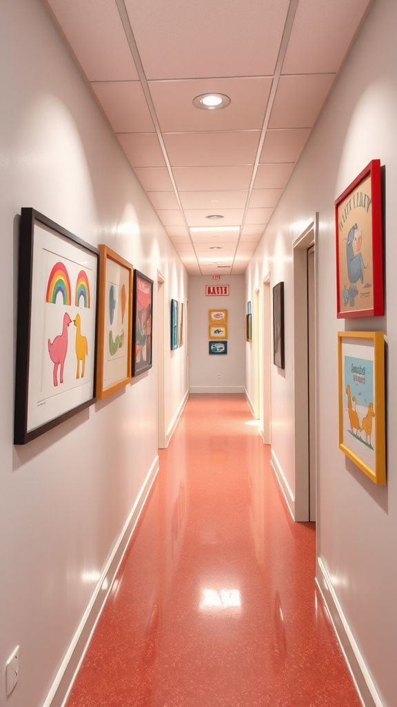A colorful hallway with various whimsical art pieces on the walls.