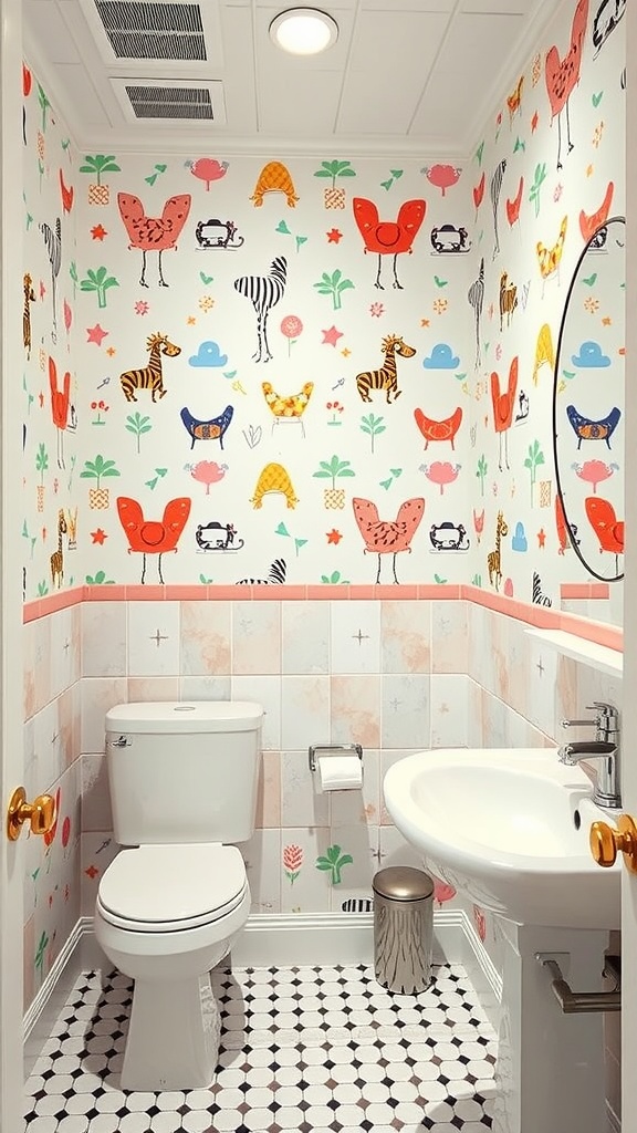 A colorful bathroom with whimsical animal-themed wallpaper featuring chickens, zebras, and flowers.