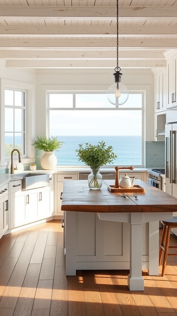 A bright coastal kitchen featuring white cabinets, a wooden island, and large windows showcasing an ocean view.