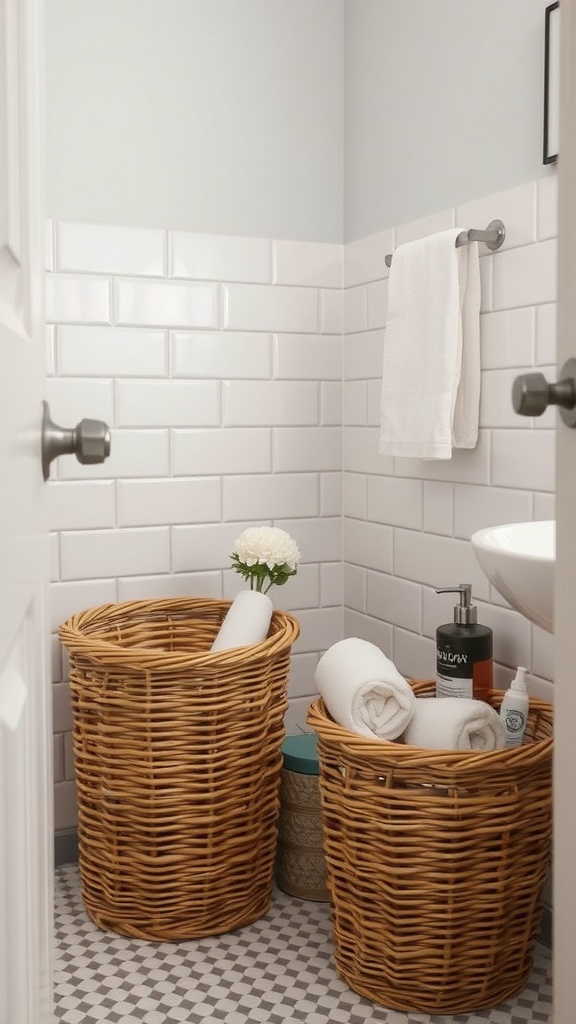 Two wicker baskets in a small bathroom, one with rolled towels and the other with toiletries.